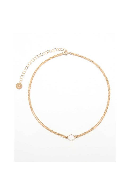 Color: Gold. Material: Chain: 14kt Gold Filled. This choker necklace features two rows of our gold filled chain and attached to a center diamond connector. Layer up for a fun, statement look or wear alone for a sophisticated feel.